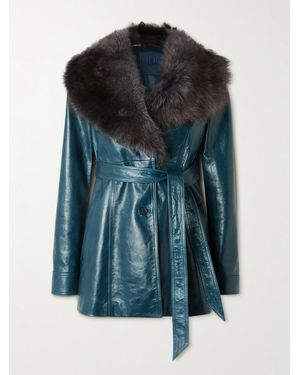 Chloé Belted Shearling-Trimmed Panelled Textured-Leather Jacket - Blue
