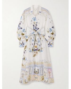 CAMILLA Midi-Hemdblusenkleid Aus Leinen Mit Blumenprint, Verzierungen Und Bindegürtel - Weiß