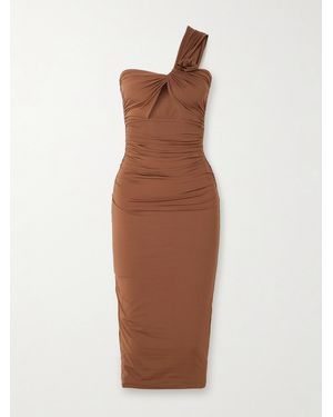 Maygel Coronel Arcano One-Shoulder Appliquéd Cutout Ruched Stretch-Jersey Midi Dress - Brown