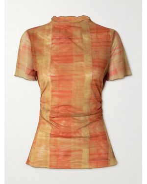 SIR. Ferrera Ruched Checked Stretch-Tulle T-Shirt - Orange
