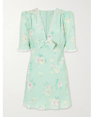 Alessandra Rich Floral-Print Lace-Trimmed Bow-Embellished Silk Mini Dress - Green