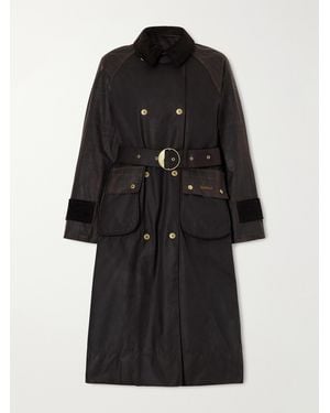 Barbour Elva Double-Breasted Belted Corduroy-Trimmed Waxed Cotton-Canvas Coat - Black