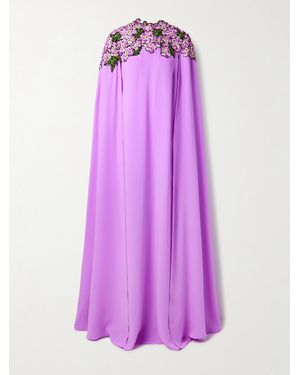 Oscar de la Renta Cape-Effect Appliquéd Embellished Crepe Gown - Purple
