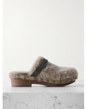 Brunello Cucinelli Clogs Aus Shearling Mit Zierperlen - Braun