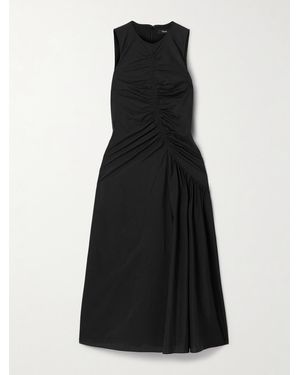 Theory Ruched Cotton-Blend Sateen Midi Dress - Black