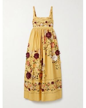 Agua Bendita Barbara Paramo Pleated Appliquéd Floral-Print Cotton-Poplin Midi Dress - Metallic