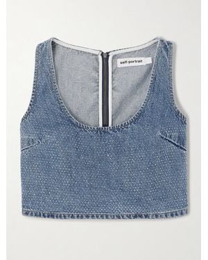 Self-Portrait Cropped Crystal-Embellished Denim Top - Blue