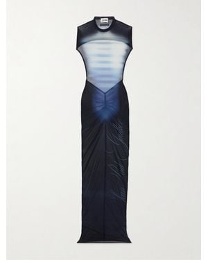Jean Paul Gaultier Le Mâle Gathered Printed Stretch-Mesh Maxi Dress - Blue