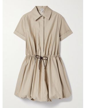 Loewe Leather-Trimmed Gathered Cotton And Silk-Blend Poplin Mini Shirt Dress - Natural