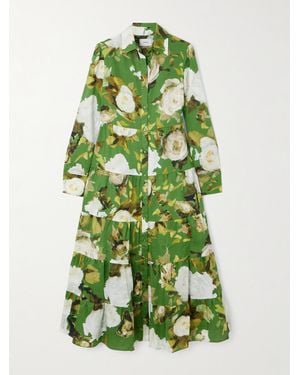 Erdem Tiered Floral-Print Cotton-Voile Midi Shirt Dress - Green