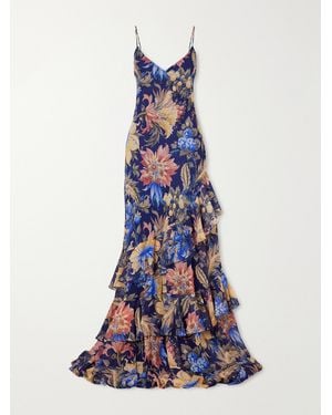 Etro Floral-Print Ruffled Crepon Maxi Dress - Blue