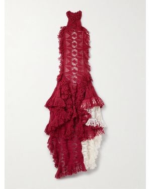 DIOTIMA Spade Open-Back Ruffled Crocheted Merino Wool-Blend Halterneck Midi Dress - Red