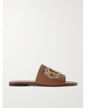 Gucci Alfa Pantoletten Aus Leder Und Canvas Mit Jacquard-Muster Und „Horsebit“-Detail - Braun