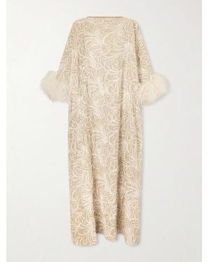 ‎Dima Ayad Feather-Trimmed Embroidered Crepe Gown - Natural