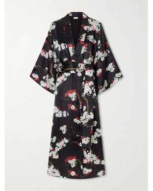 Olivia Von Halle Queenie Belted Floral-Printed Silk-Satin Robe - Black