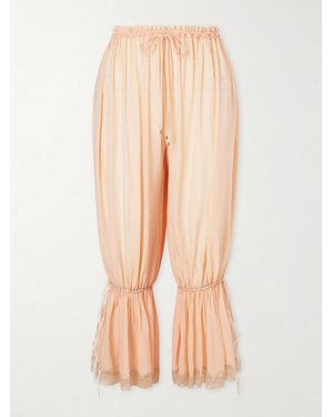 Chloé Ruffled Pleated Lace-Trimmed Silk-Charmeuse Wide-Leg Trousers - Natural