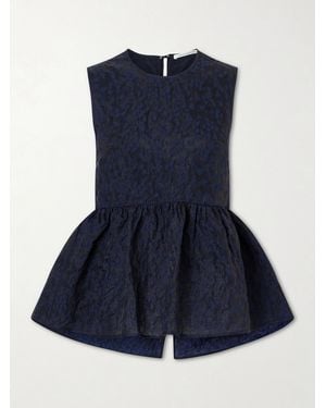 Cecilie Bahnsen Margueritte Embroidered Cotton-Blend Cloqué Peplum Top - Blue