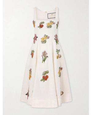 Agua Bendita Frontera Embellished Floral-Appliqué Linen Midi Dress - Natural