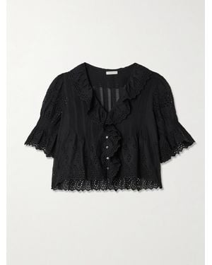 Doen Henri Cropped Ruffled Pintucked Broderie Anglaise Cotton Top - Schwarz