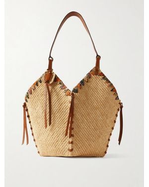 Isabel Marant Tampa Whipstitched Leather And Printed Silk-Trimmed Raffia Shoulder Bag - Natural