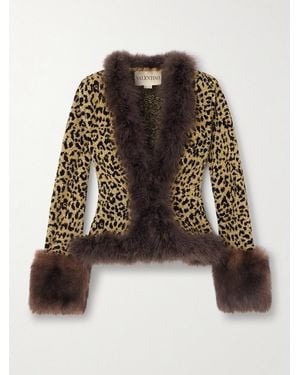 Valentino Garavani Feather And Shearling-Trimmed Leopard-Jacquard Lurex Cardigan - Multicolour