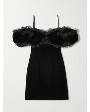 Givenchy Cutout Ruffled Plissé Organza-Trimmed Velvet Mini Dress - Black