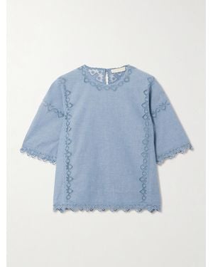 Ulla Johnson Kai Bluse Aus Baumwoll-Chambray Mit Tüll-Einsätzen Und Stickereien - Blau