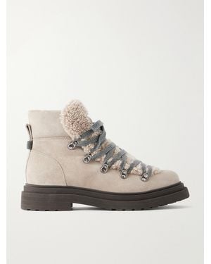 Brunello Cucinelli Bead-Embellished Shearling-Trimmed Suede Ankle Boots - Natural
