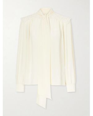 Chloé Pussy-Bow Crochet-Trimmed Silk Crepe De Chine Shirt - White