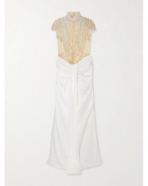 Clio Peppiatt Zsa Zsa Draped Gathered Embellished Mesh And Satin Gown - Weiß