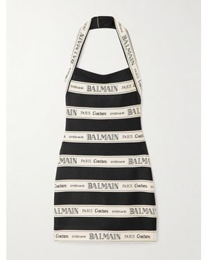 Balmain Striped Jacquard-Knit Halterneck Mini Dress - White