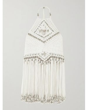 Rabanne Fringed Embellished Macramé Halterneck Top - White
