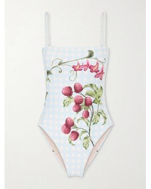 Agua Bendita Durazno Embellished Printed Recycled Swimsuit - White