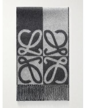 Loewe Fringed Wool And Cashmere-Blend Jacquard Scarf - Gray