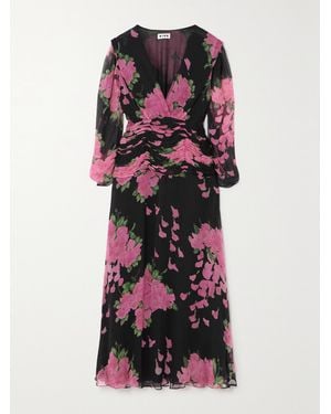 RIXO London Racquel Midikleid Aus Devoré-Samt Mit Blumenprint Und Raffungen - Mehrfarbig
