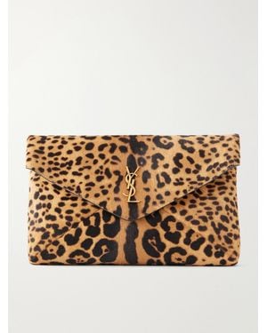 Saint Laurent Cassandre Leopard-Print Pony Hair Clutch - Metallic