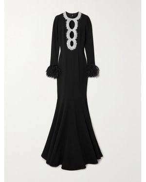 Andrew Gn Cutout Crystal-Embellished Feather-Trimmed Crepe Gown - Black