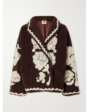 FARM Rio Double-Breasted Floral-Appliquéd Brushed Fleece Jacket - Brown