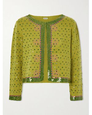 Bode Fairy Floss Cropped Embellished Wool And Cashmere-Blend Cardigan - Green