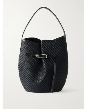 Liffner Belted Bucket Leather-Trimmed Raffia Bucket Bag - Black