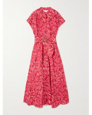 Saloni Neesha Belted Floral-Print Cotton-Voile Midi Dress - Red