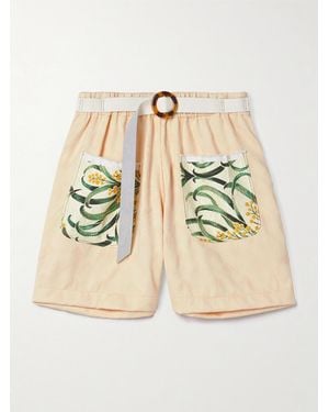 Thank You Have A Good Day Belted Printed Cloqué-Trimmed Cotton-Jacquard Shorts - Natural