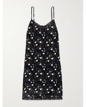 R13 Lace-Trimmed Printed Velvet Mini Dress - Black