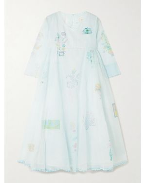 Eka Heather Pintucked Printed Cotton Kota Doriya Midi Dress - Blue