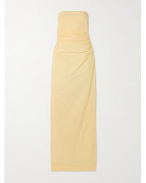 BERNADETTE Vera Strapless Ruched Striped Cotton-Seersucker Maxi Dress - White