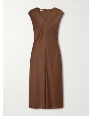 Brunello Cucinelli Bead-Embellished Satin Midi Dress - Brown