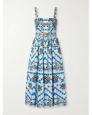 Borgo De Nor Ninet Belted Floral-Print Cotton-Poplin Midi Dress - Blue