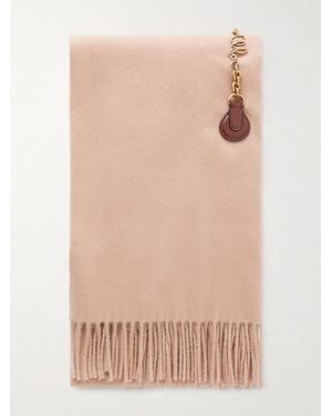 Chloé Fringed Embellished Leather-Trimmed Wool Scarf - Natural