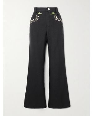 Alix Of Bohemia Bunny Embroidered Wool-Twill Flared Pants - Black