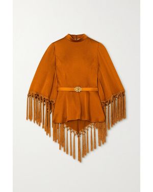 Andrew Gn Cape-Effect Belted Tasselled Hammered-Satin Blouse - Orange